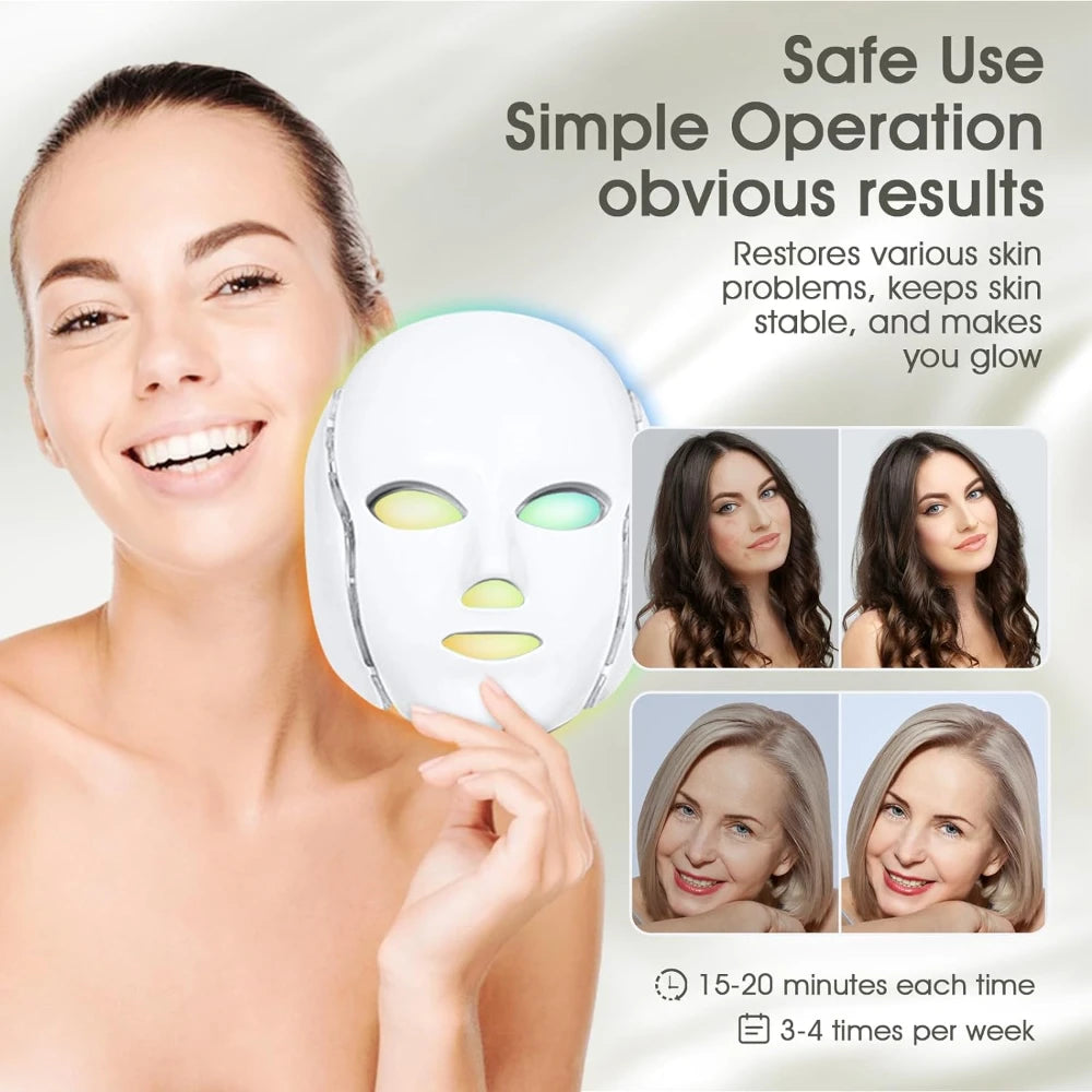 LED light therapy face mask in use "7-color LED face mask benefits
